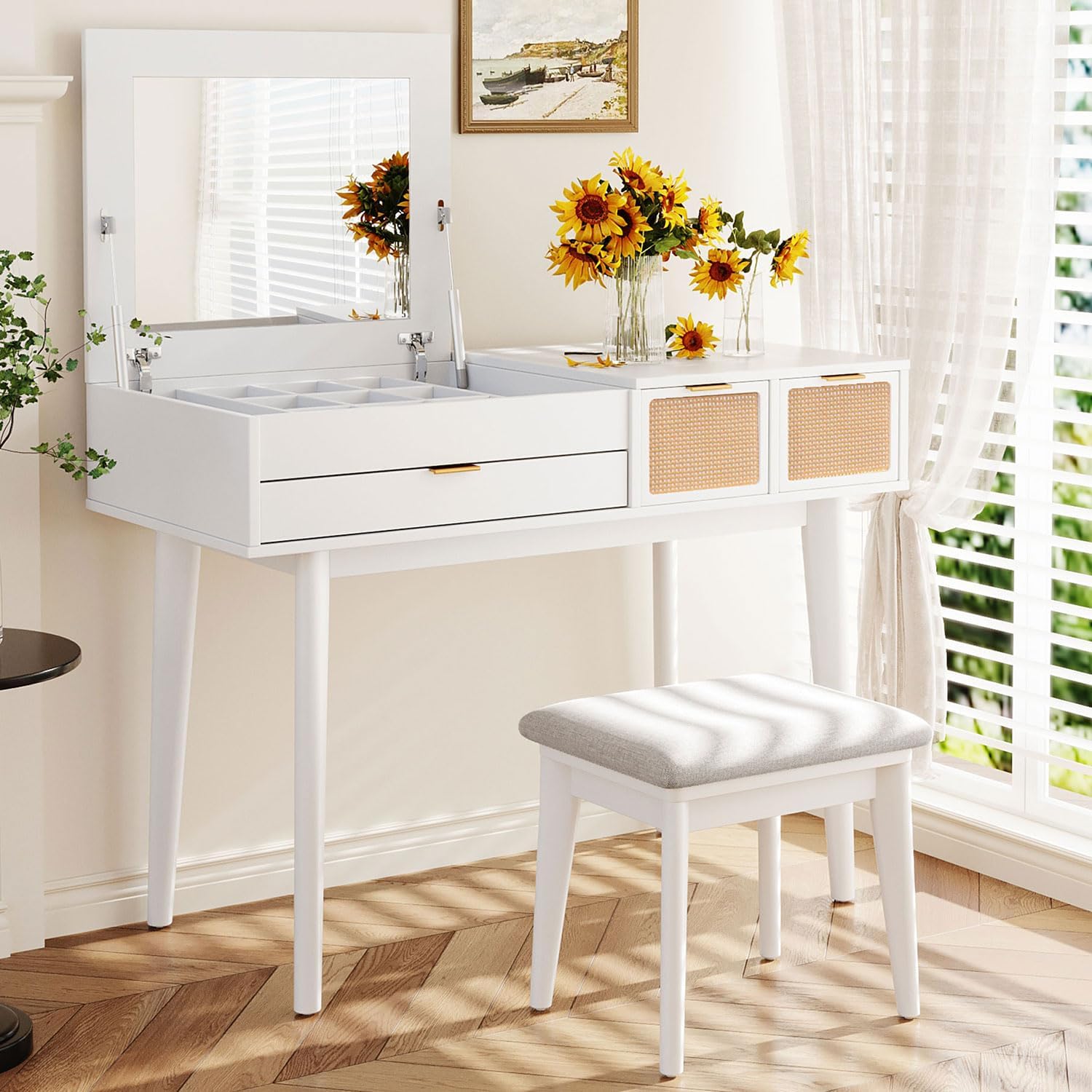 Makeup Vanity Desk with Mirror, Rattan Farmhouse Table 3 Drawers, 8 Storage Box, Dressing Set Cushioned Chair for Bedroom,White (Brown)