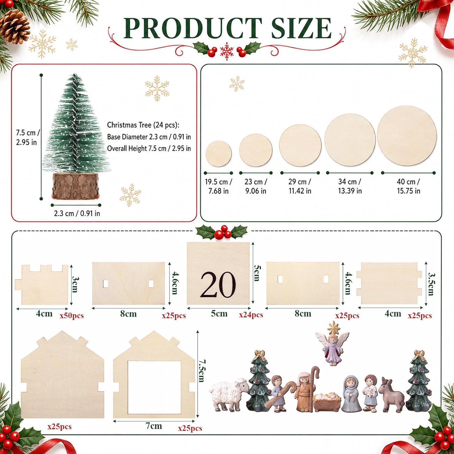 Pinkunn 64 Pcs Christmas Wooden Advent Calendar House with 24 Drawers