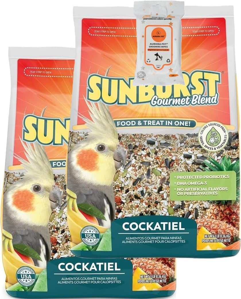 Aurora Pet Bundle (2) Higgins Sunburst Gourmet Blend Cockatiel Bird Food (3 lb Each) with Pet Care Wipes
