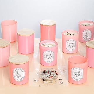 12Pcs Assorted Pink Glass Candle Jars with Wooden Lids for Making Candles, 10 OZ Empty Candle Jars with Labels and 100g Crystal Rocks, Candle Making Supplies Candle Containers for Home DIY & GIFTS