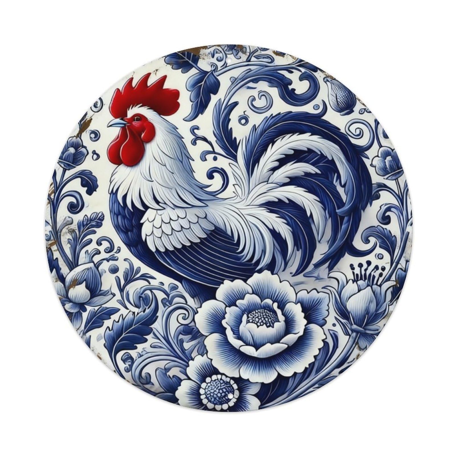 Ldfuieksufg Style Chinese Blue And White Porcelain Rooster Peony Round Wall Art Decor Vintage Aluminium Metal Sign, Retro Wall Decor For Home, Bar, Garage & Farmhouse 20X20cm