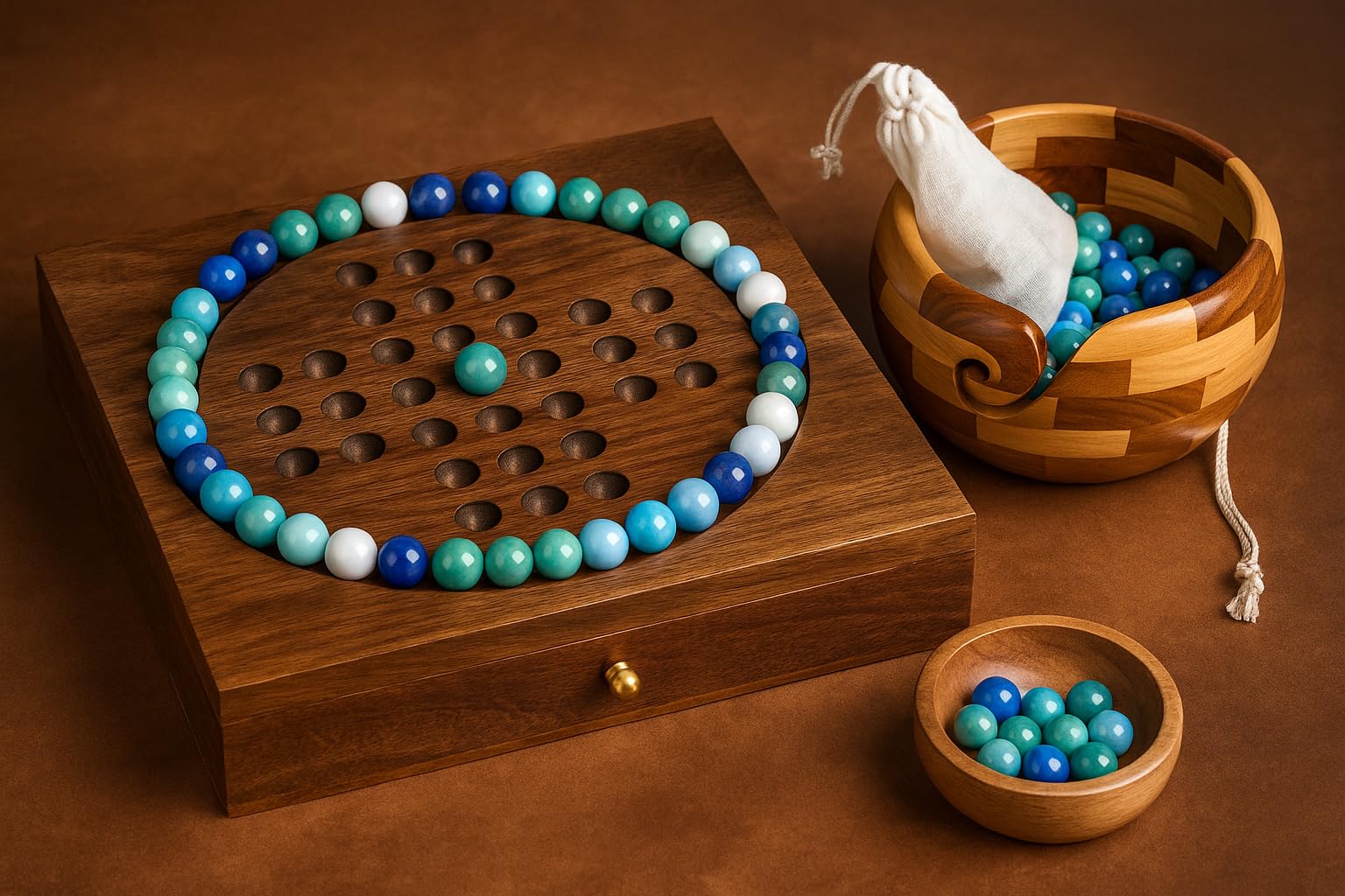 Wooden Solitaire Box With Marbles And Drawer U2013 Handcrafted Classic Puzzle Game With Storage, Premium Wooden Board For Adults & Kids, Or Home Decor(Natural Assorted Marbles