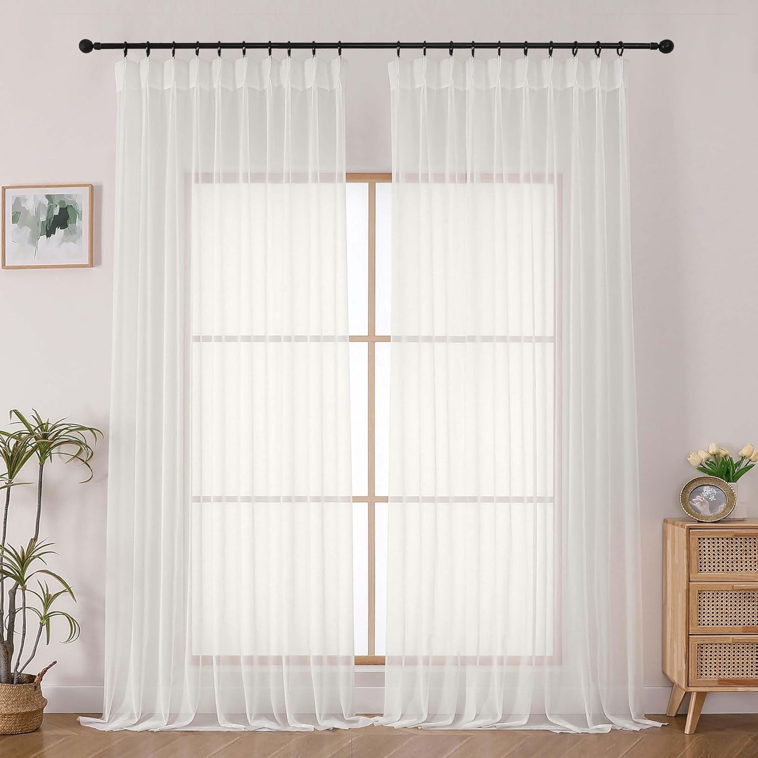 OWENIE Ivory Pinch Pleated Sheer Curtains 90 Inches Long for Bedroom Living Room, Modern Soft Airy Solid Light Filtering Window Curtains, Pinch Pleated Sheer Window Treatments, Ivory, Each 60x90 Inch