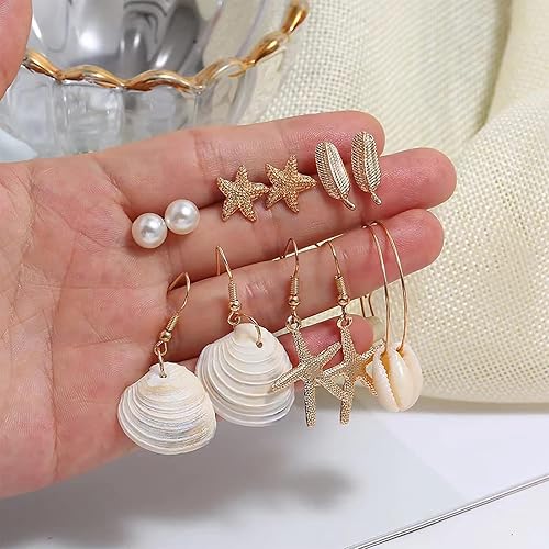Miniatura 2 de 6 pares de aretes de verano para mujer 2023, conchas bohemias, conchas de mar, caracola, perlas de oro, aretes de playa, juego de joyas de verano,