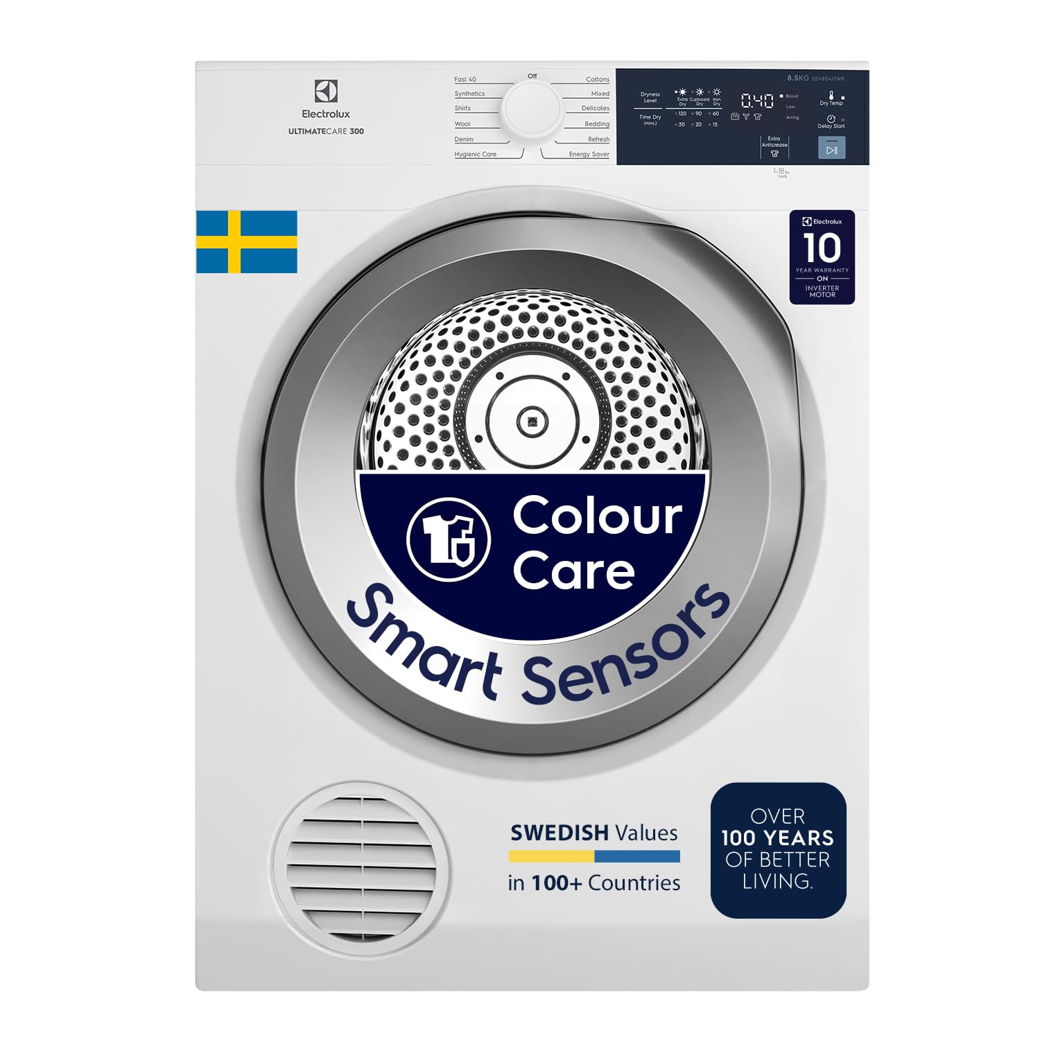 Electrolux 7.5Kg Fully Automatic Front Load Venting Dryer, Scandinavian Design with Reverse Tumbling, Smart Sensors, Colour Care Function, White, UltimateCare 300, EDV754H3WB