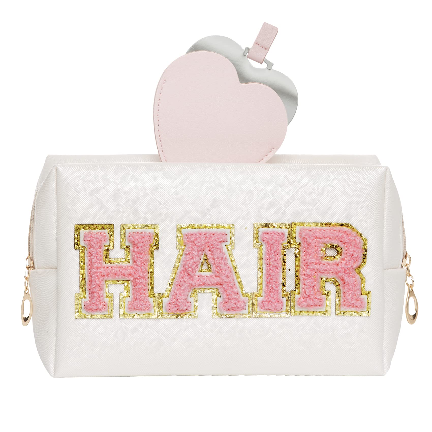 COSHAYSOO Preppy Patch Makeup Bag Cosmetic Pouch Small Chenille Letter Make Up Gift for Teen Girl Women, Cute Aesthetic Travel Purse Trendy Stuff Accessories Organizer (HAIR)