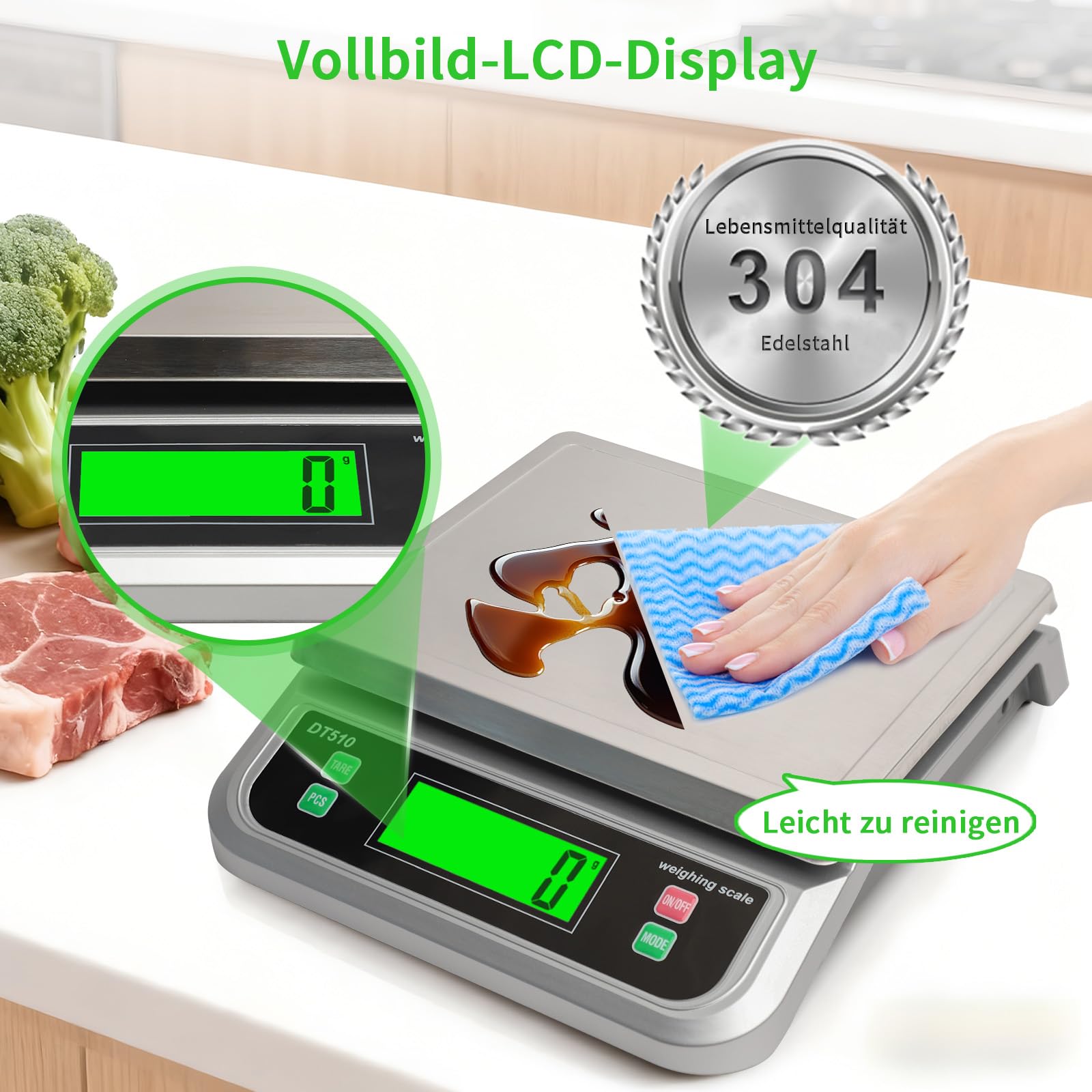 Küchenwaage Digital, 40KG Küchenwaage mit PCS zählen und Tara Funktion Küchen waage mit 6 Maßeinheiten g/kg/lb/oz/ml/milk-ml und LCD Display Edelstahl Wiegefläche zum Backen und Kochen Silber