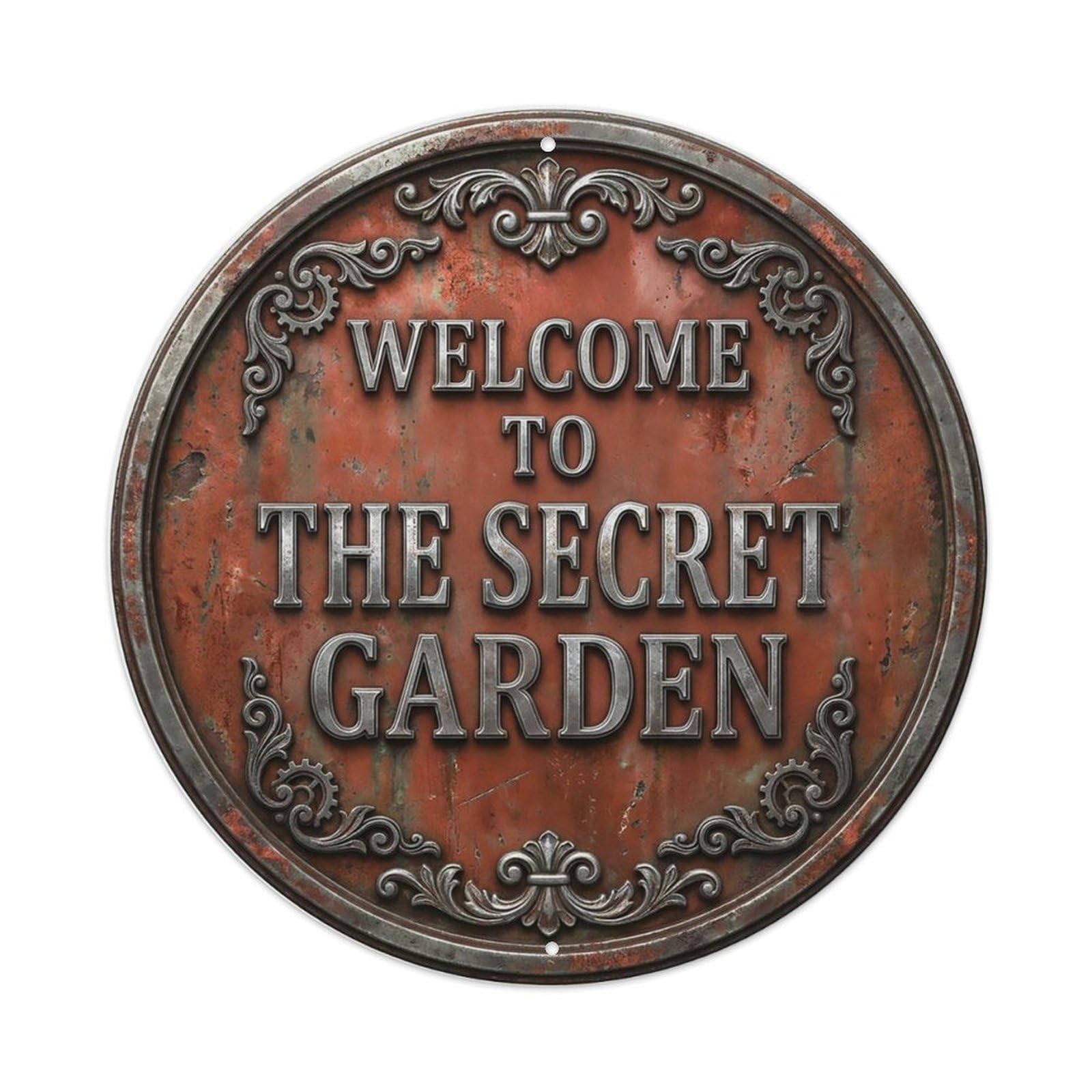 Vintage Welcome Secret Garden Silver Rust Volute Metal Tin Sign