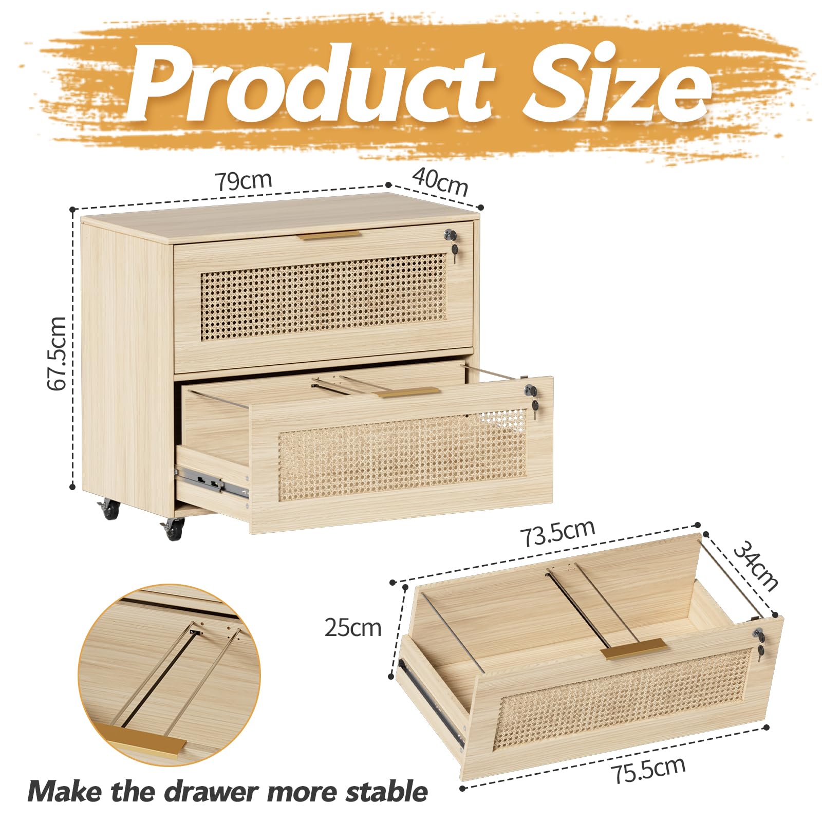 MSFE Mueble Archivador con 2 Cajones para Documentos Archivador Móvil para Archivos A4/B5/F4 Cajoneras Escritorio con Estante Ajustable Armario Archivador Móvil con 4 Ruedas para Oficina 79x40x67.5CM