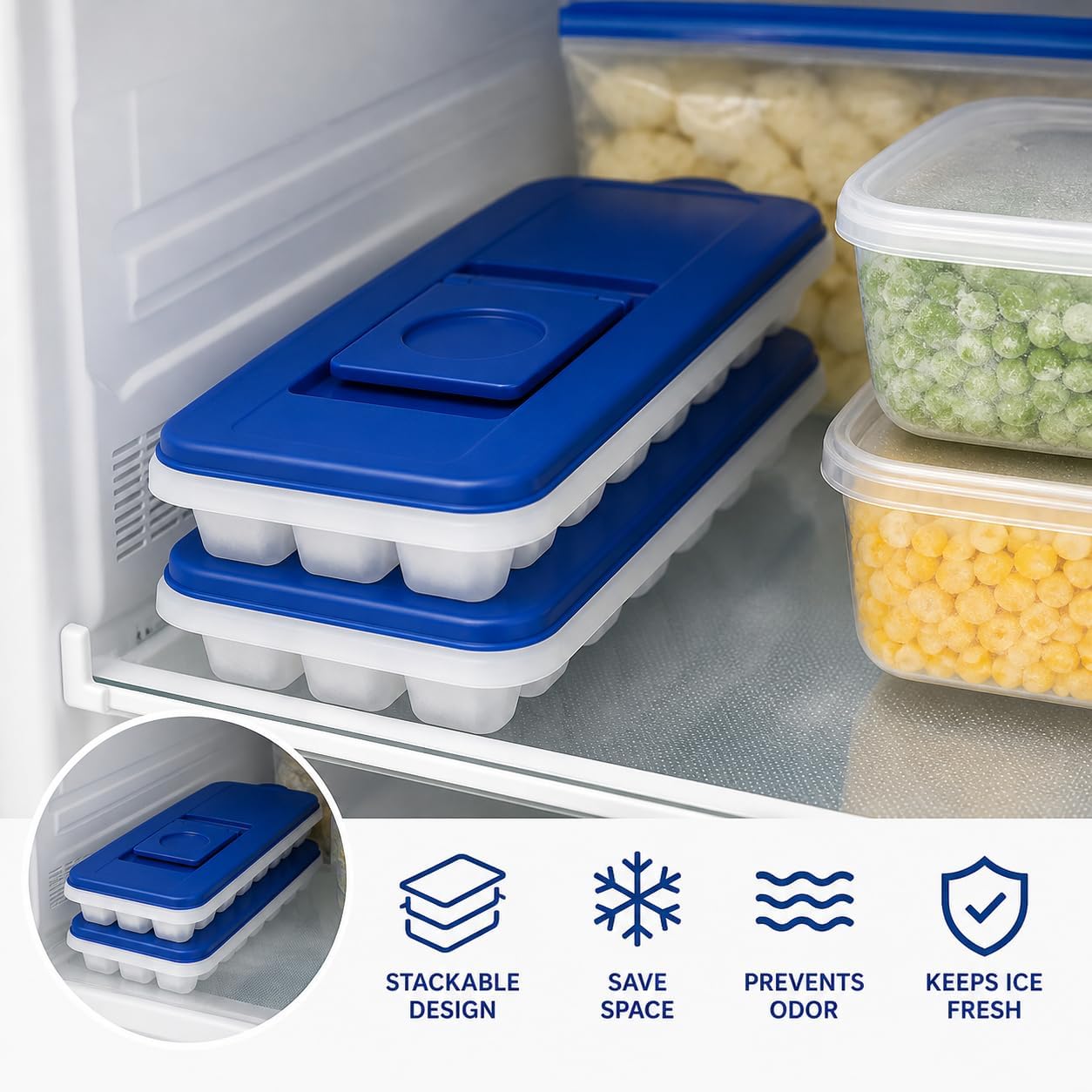 2-Pack No-Spill Ice Cube Trays with Lids – BPA-Free, Easy Release & Stackable Freezer Trays – Covered Ice Molds for Drinks, Whiskey, Cocktails, and Juice – Blue
