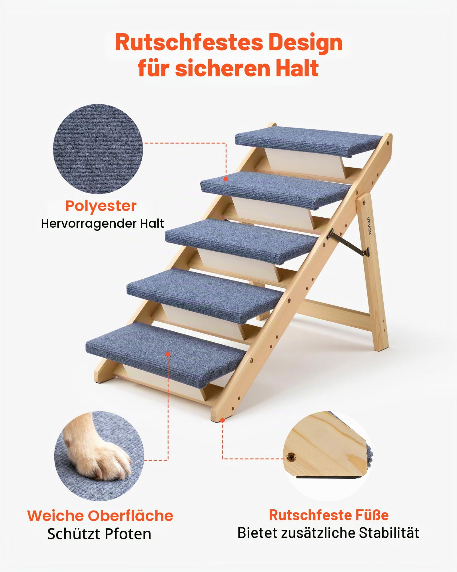 VEVOR Hundetreppe 780x470x660 mm, 5-stufige Hautiertreppe, klappbare Holztreppe geeignet für kleine, mittlere, große, ältere Haustiere sowie Welpen bis 68 kg, Hundeleiter für Betten, Sofas & Autos