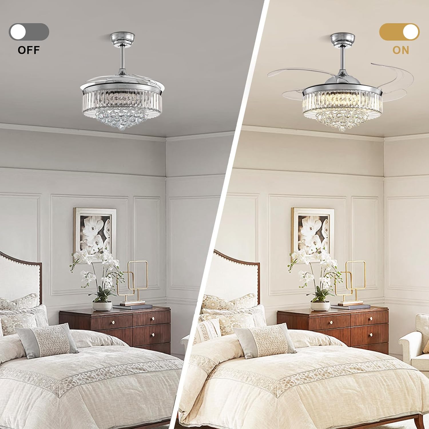 Modern 48 Inch Dimmable Crystal Fandelier, Retractable Blades Ceiling Fans with Light and Remote, Invisible LED Ceiling Fan Light Kit for Bedroom-Polished Chrome