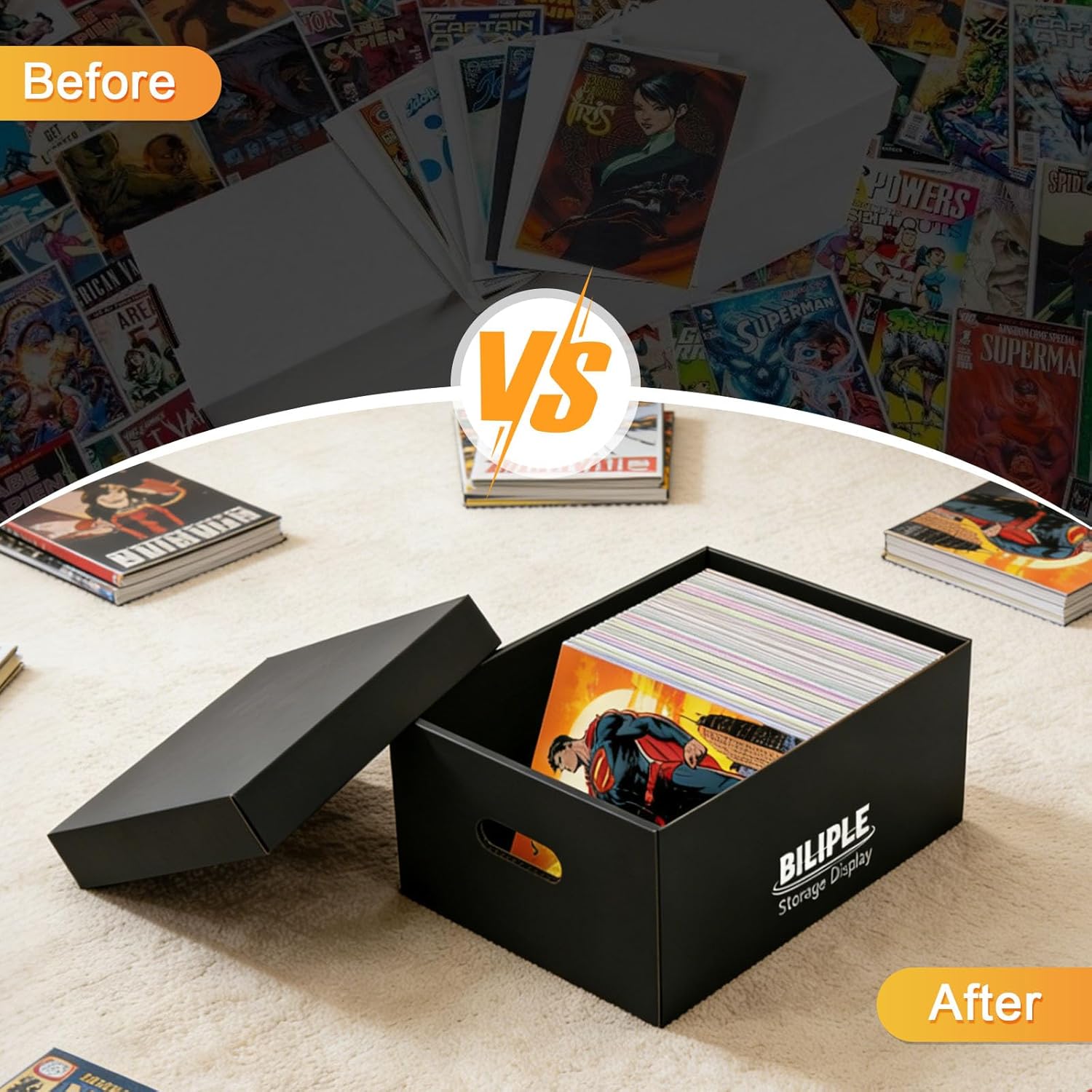6 Pack Comic Book Storage Box 15.8" X 7.2" X 10.7", Thick Cardboard Comic Book Box with Lids, Holds 150-175 Current/Silver Age Comic, Stackable Bin Comic Organizer Case for Collecting Supplies, Black