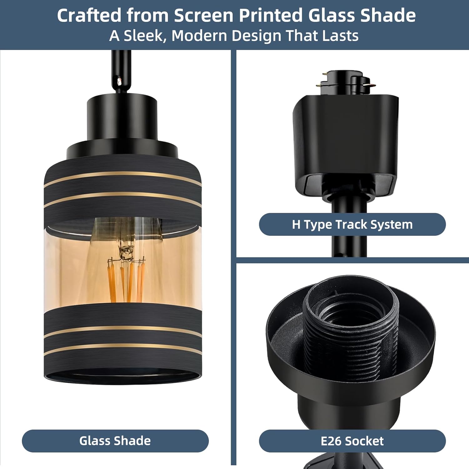 4-Pack H Track Lighting Heads, Black Track Light Heads with Amber Glass Lampshade, Black & Gold Printed Accents, E26 H Type Track Lighting Replacement Heads (Bulbs & Rails Not Included)