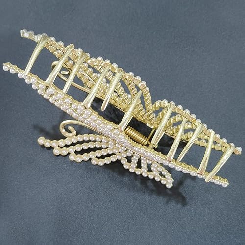 Miniatura 5 de Pinzas para el cabello con perlas de mariposa, pinzas grandes de metal dorado, agarre fuerte, antideslizantes, pasadores con incrustaciones de