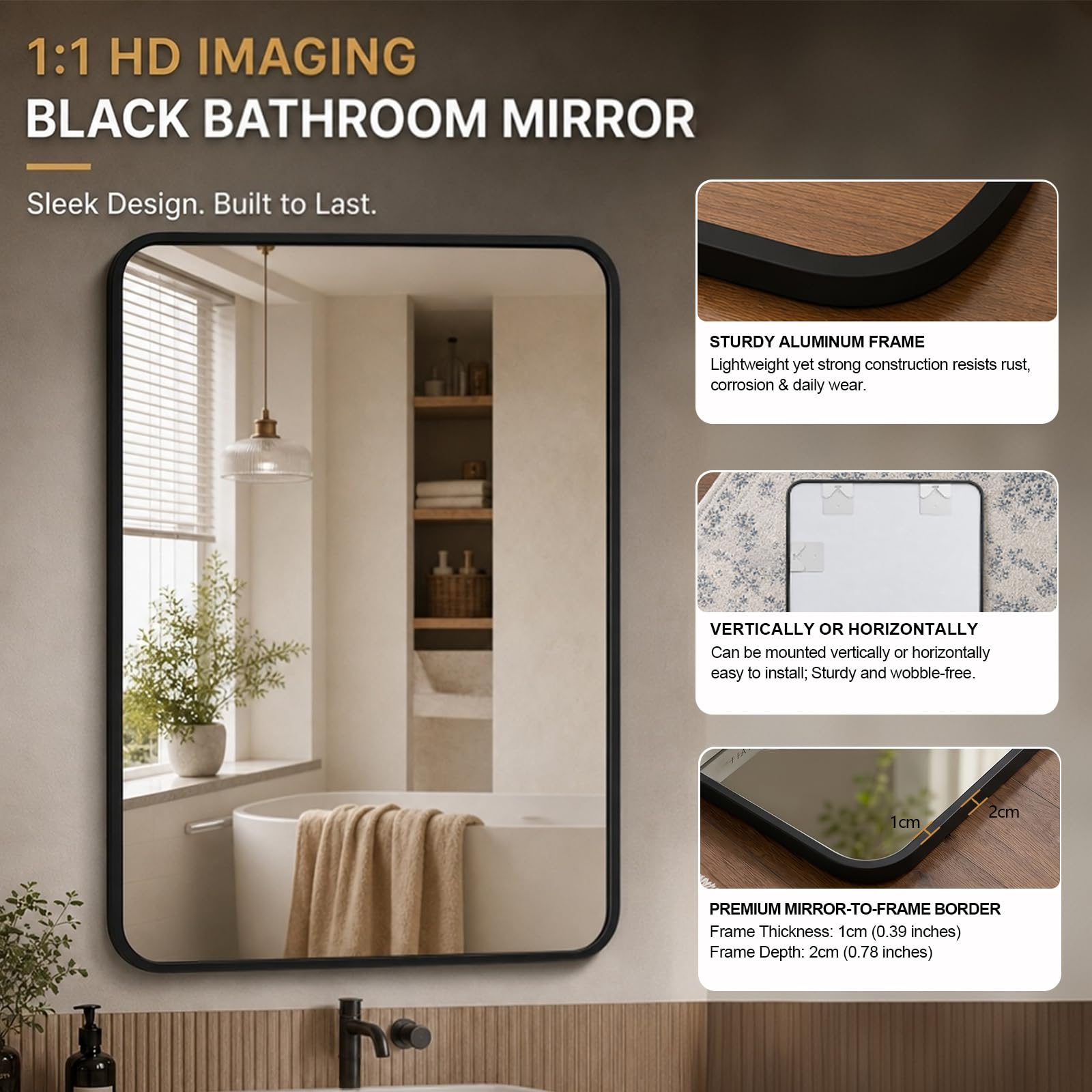 Espejo de baño 100x60 cm, Marco de Aluminio Negro | Resistente al óxido y la corrosión · montaje horizontal o vertical · baño, dormitorio, salón
