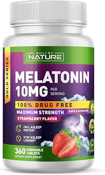 Built by Nature Melatonin 10 mg Sleep Aid, Strawberry, 360 Tablets Gummies Alternative, Extra Strength, Drug Free, Naturally Flavored, Chewable