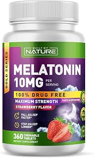 Built by Nature Melatonin 10 mg Sleep Aid, Strawberry, 360 Tablets Gummies Alternative, Extra Strength, Drug Free, Naturally Flavored, Chewable