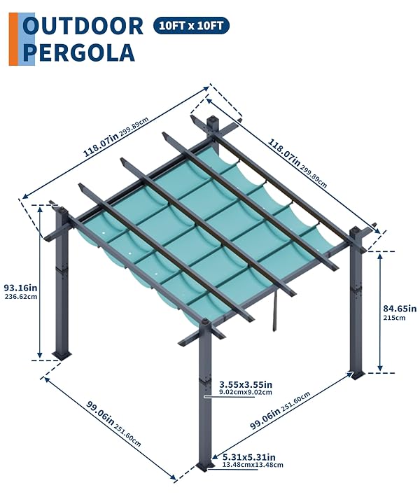 GarveeTech 10x10 ft Pergola Gazebo with Adjustable Canopy, Heavy-Duty Aluminum Sun Shelter with Faux Wood Finish for Outdoor Patio, Deck & Garden, Blue+White by GarveeTech - Image 2