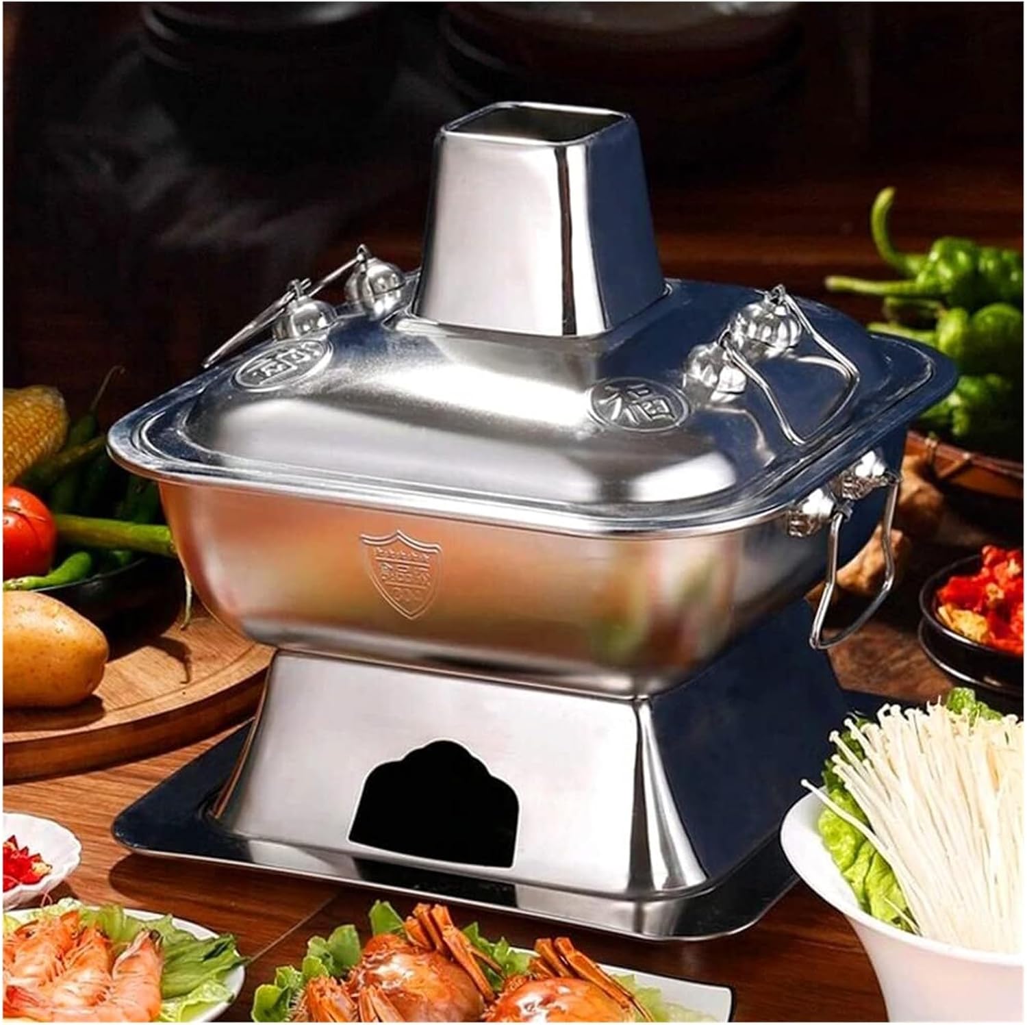 Chinese Copper Hot Pot, Hot Pot Vintage Copper Shabu Pot Pan 304 Stainless Steel Chinese Hot Pot Cooker with Chimney for Home Restaurant Party Cookware(Red Copper,32cm)