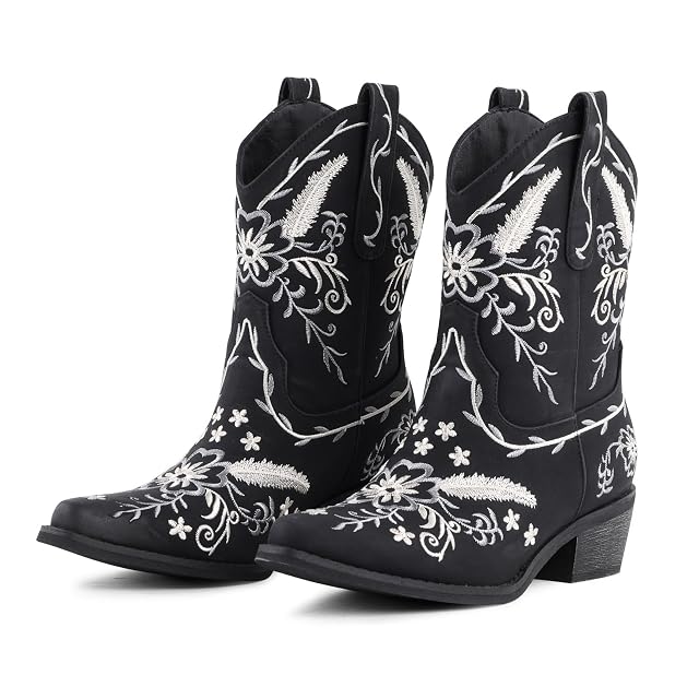 LingxiaUne Womens Cowboy Boots Exquisitely Embroidered Western-Style Mid-Heel Boots for Women Ankle Cowboy Boots For Women