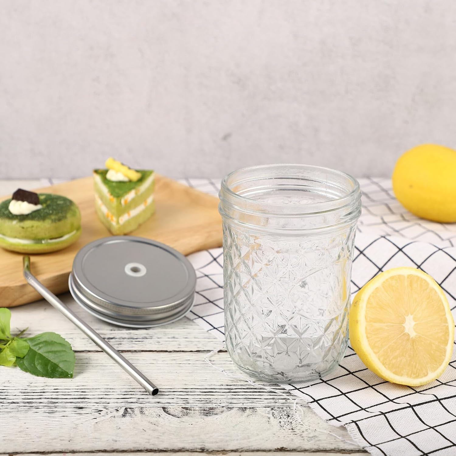 Luxshiny 500ml Diamond Pattern Glass Mason Jars with Straw Set of 4, Multifunctional Drinking Jars for Juice Milk Hot Drinks, Reusable Glass Containers for Kitchen and Dining