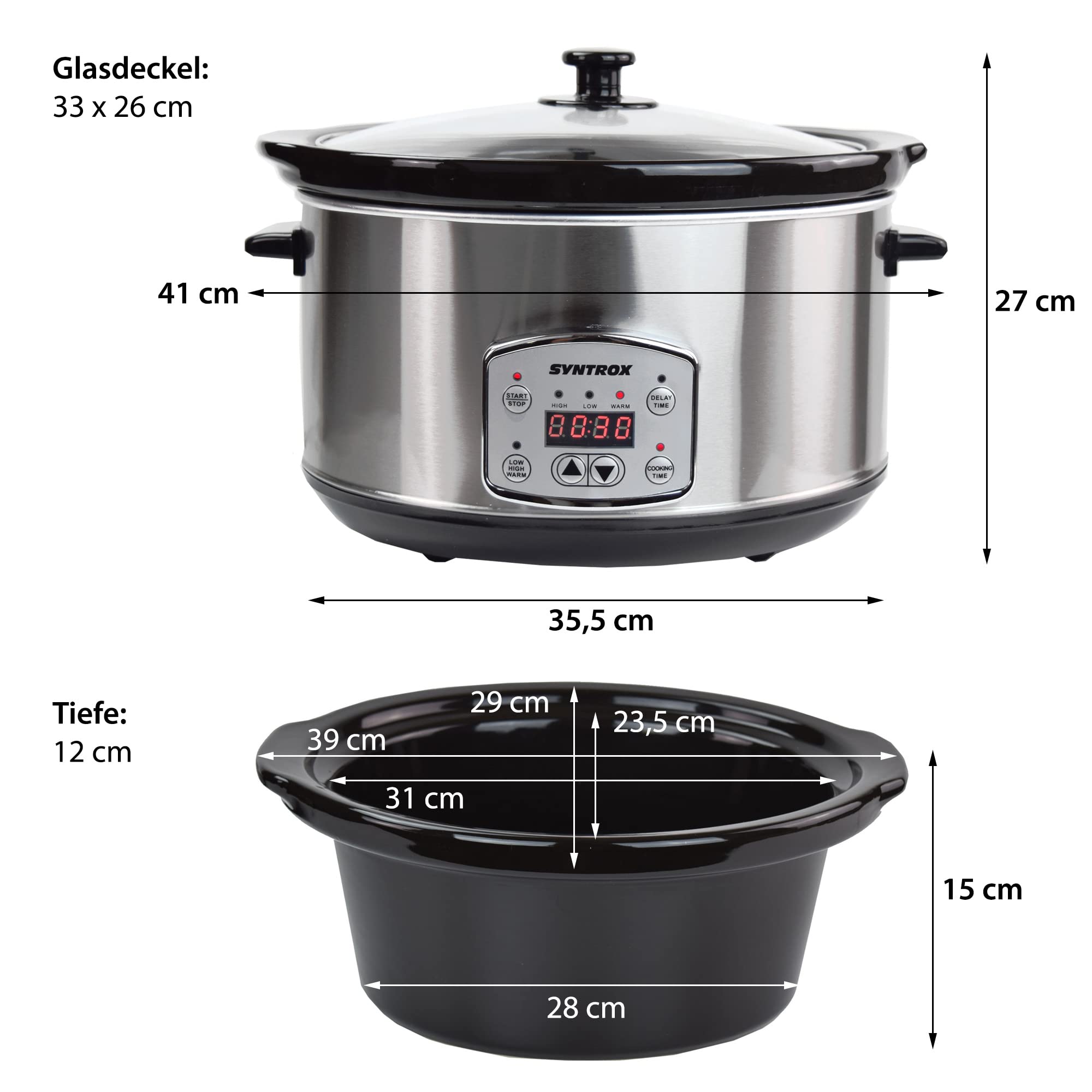 Syntrox Germany Schongarer mit 6,5L Slow Cooker mit 3 Heizstufen und Warmhaltefunktion und 320 Watt