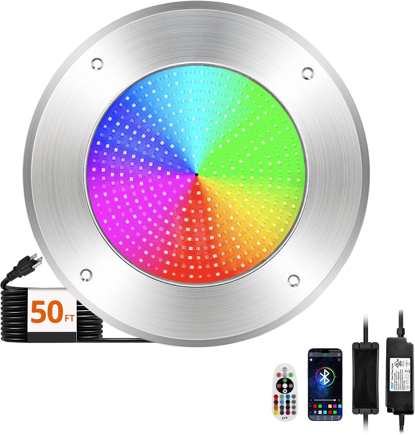 SngBrt Ultra Slim LED Pool Lights, 12V 50Watt Swimming Pool Lights with FT Cord,Bluetooth Link, RGB Multicolor, IP68 Waterproof Pool Underwater Light for 10" Wet Niches (Transformer Included)