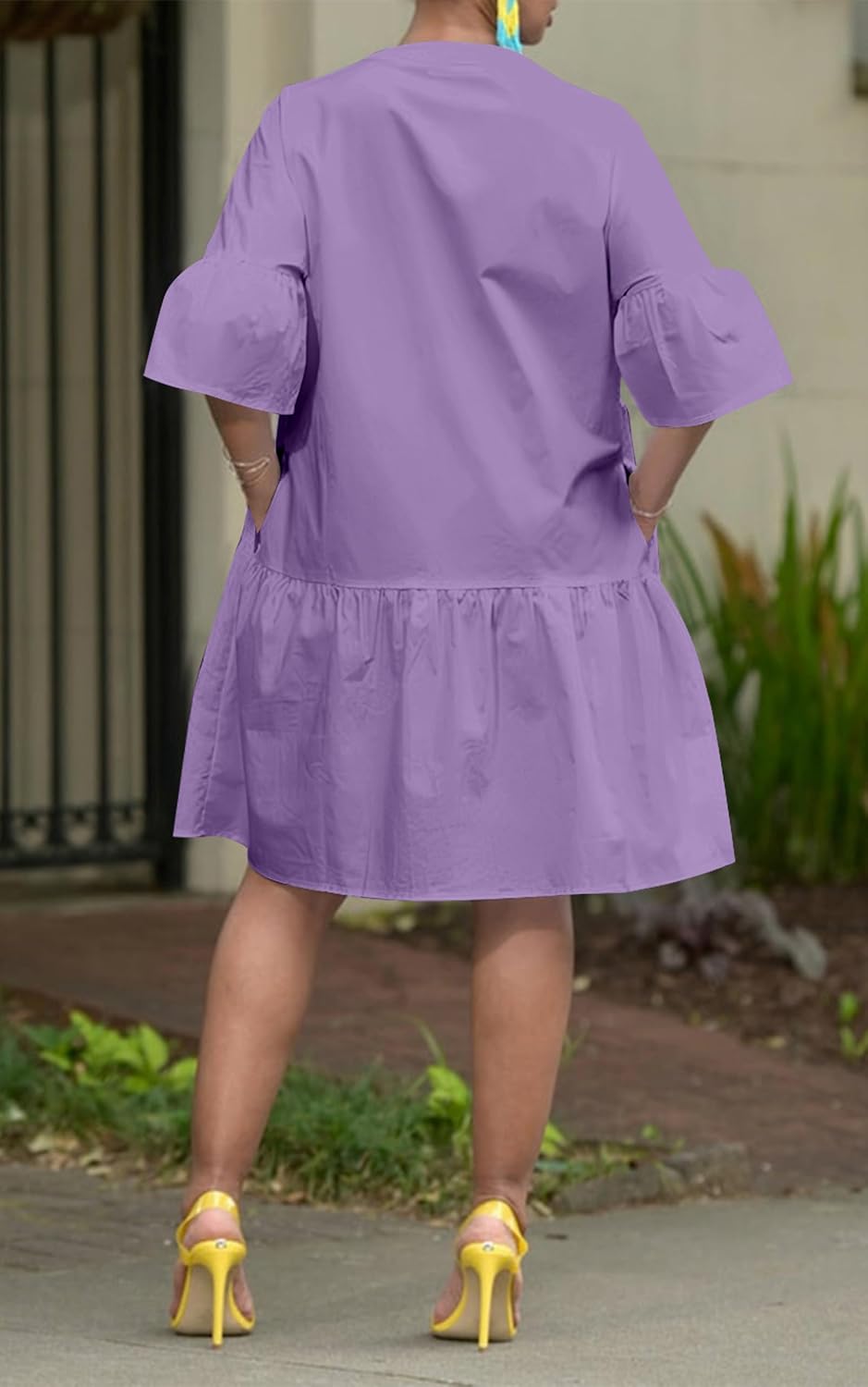 Choichic Button Down Shirt Dresses for Women with Pockets Flare Bell Sleeve A-Line Midi Tunic Dress