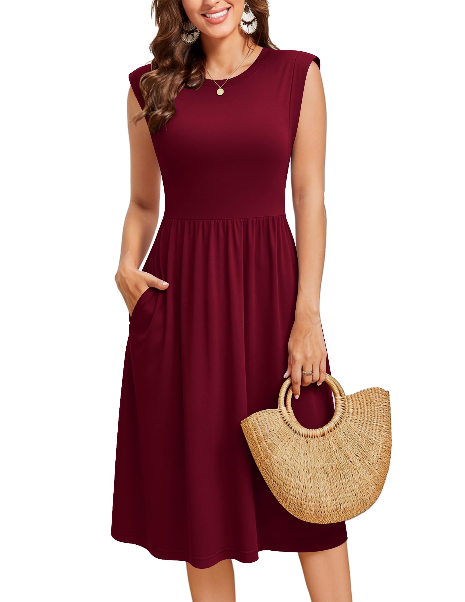 Zeagoo Sommerkleid Damen Elegant Kleider Ärmellos Strandkleid Rundhals Tunika Kleid Freizeit A-Linie Midikleid mit Tasche