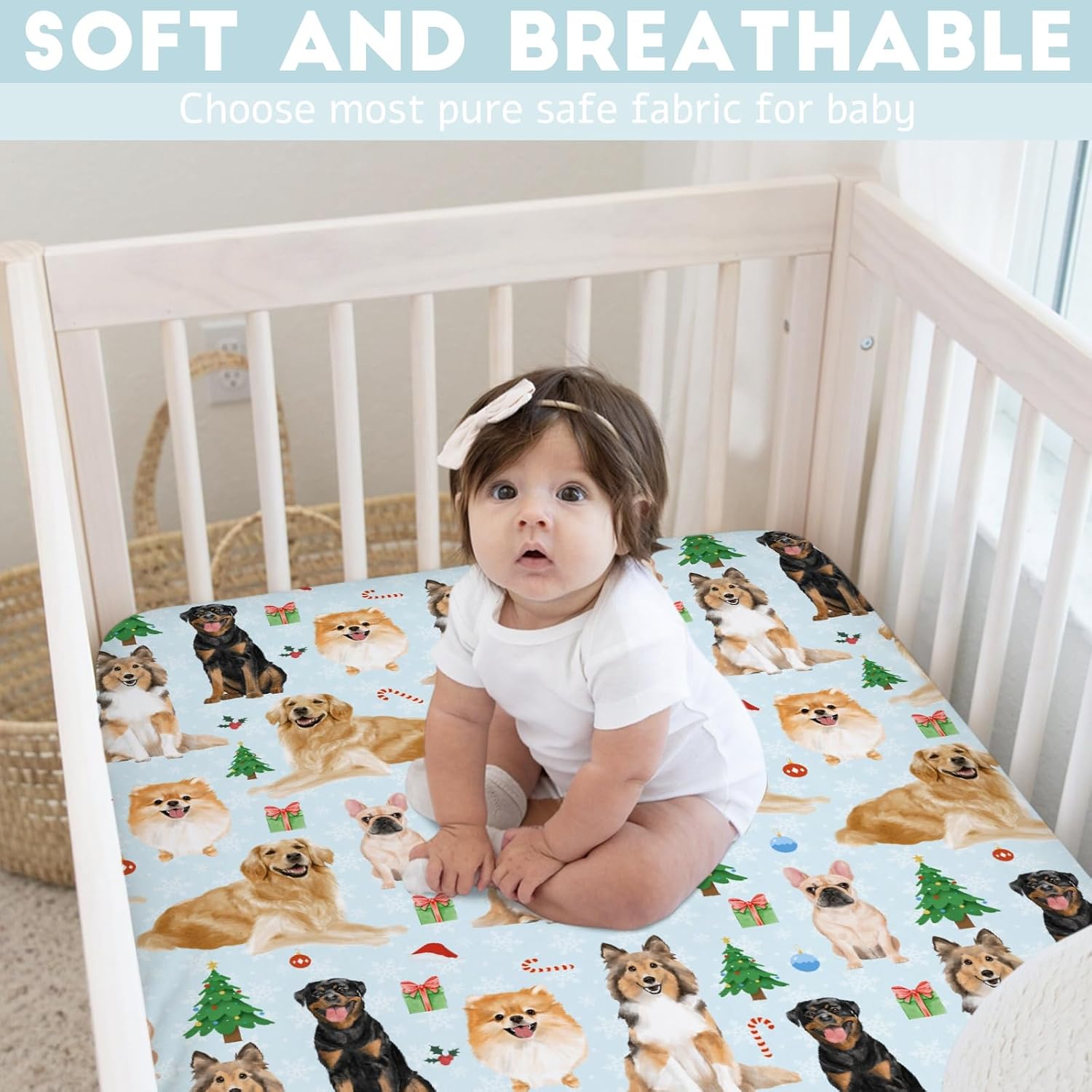 Merry Christmas Dogs & Puppies Baby Crib Sheets - 52''x28'' Winter Xmas Trees Gifts - Fitted Crib Mattress Cover for Toddler Mattress