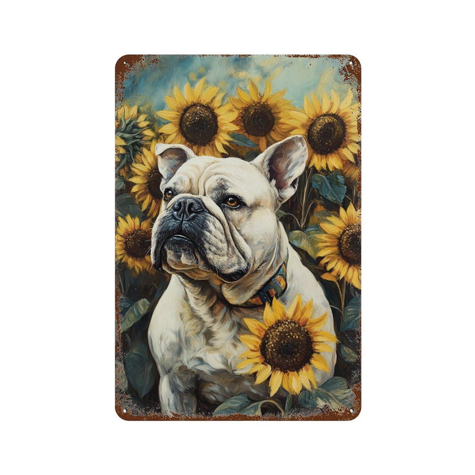 French Bulldog Sunflower Garden 11.8"x7.9" Rust Effect Tin Sign, Old School Wall Decor for Pub, Kitchen And Man Cave Decor