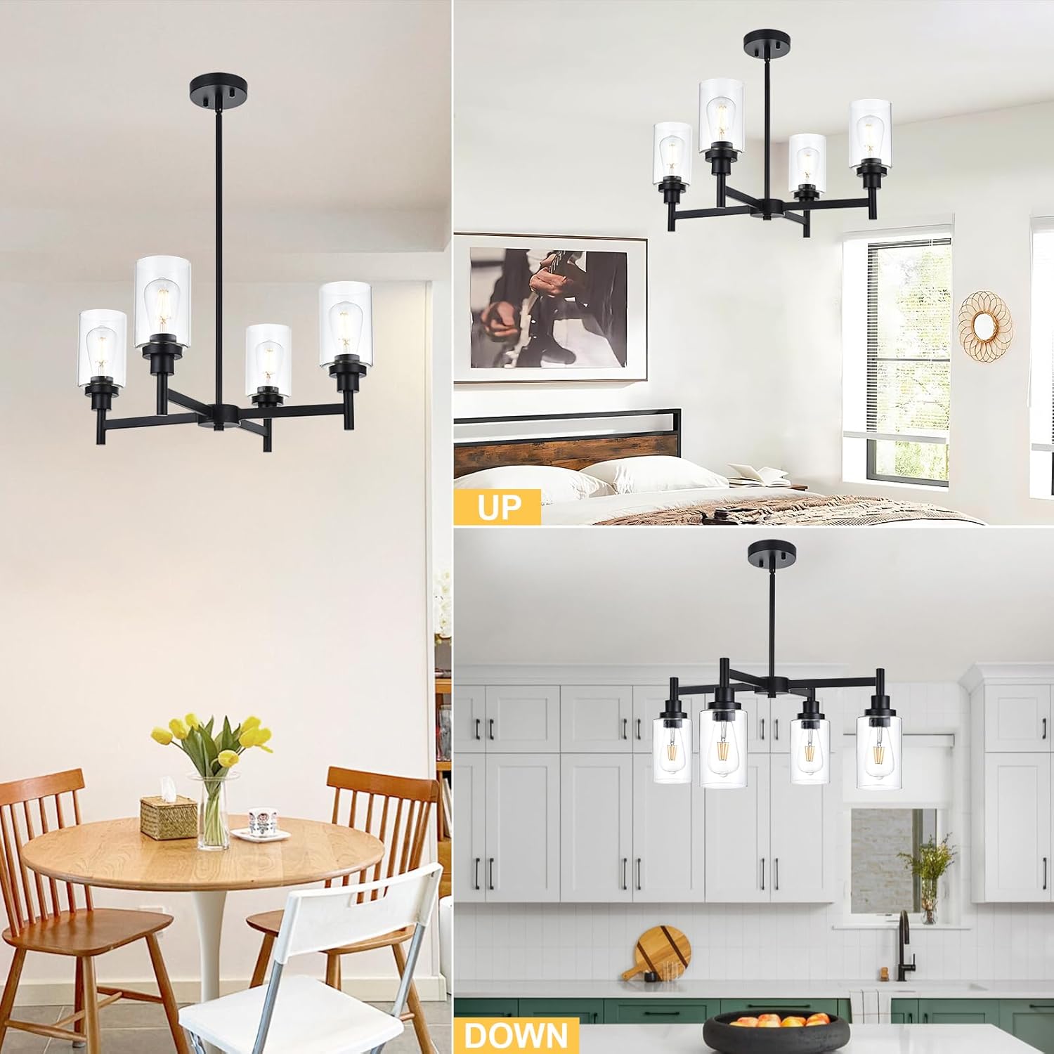 4 - Light Black Chandelier with Clear Glass Shades, Industrial Farmhouse Light for Dining Room, Kitchen, Living Room | Perfect for Dining Table & Farmhouse Decor Black 4 Lights