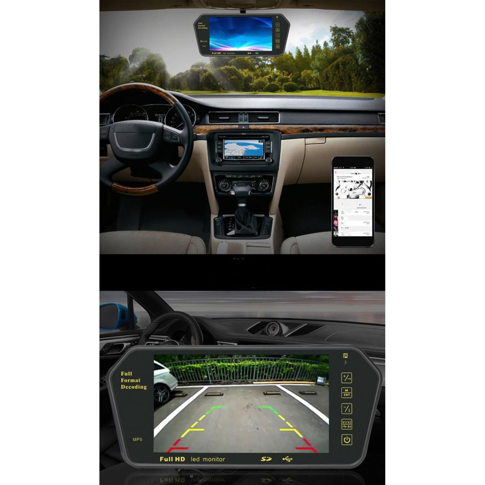 Monitor de Pantalla de Espejo Retrovisor, Pantalla de Espejo Retrovisor de 7 Pulgadas Cámara de Tablero Multimedia de Alta Resolución Cámara de Respaldo de Espejo Trasero con