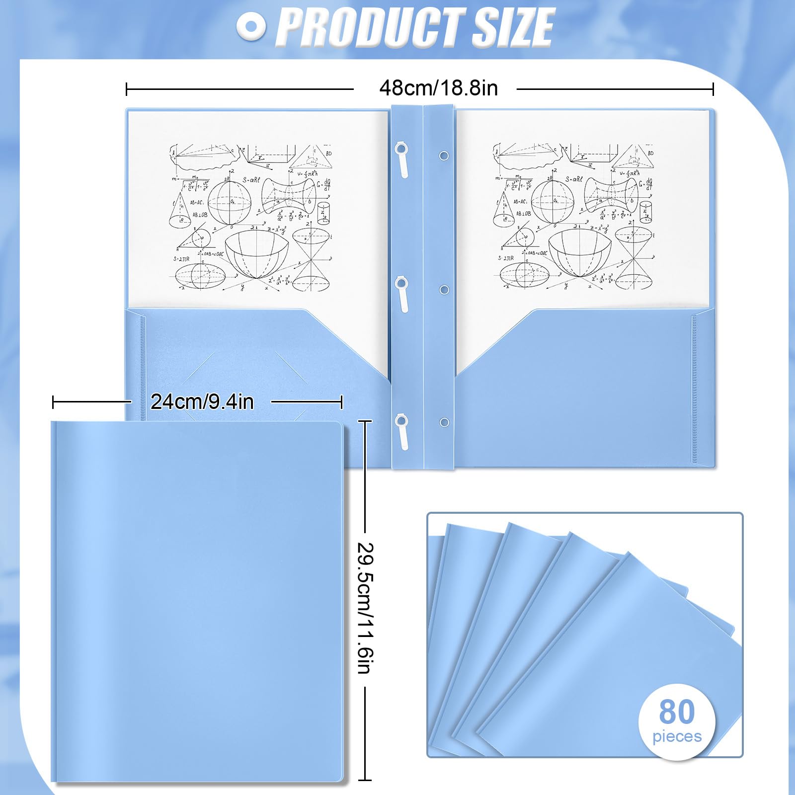 Yeaqee 80 cartelle in plastica con tasche e rebbi, 2 tasche, 3 rebbi, con slot per schede, per ufficio, scuola, studenti, insegnanti, impiegati (blu foschia)
