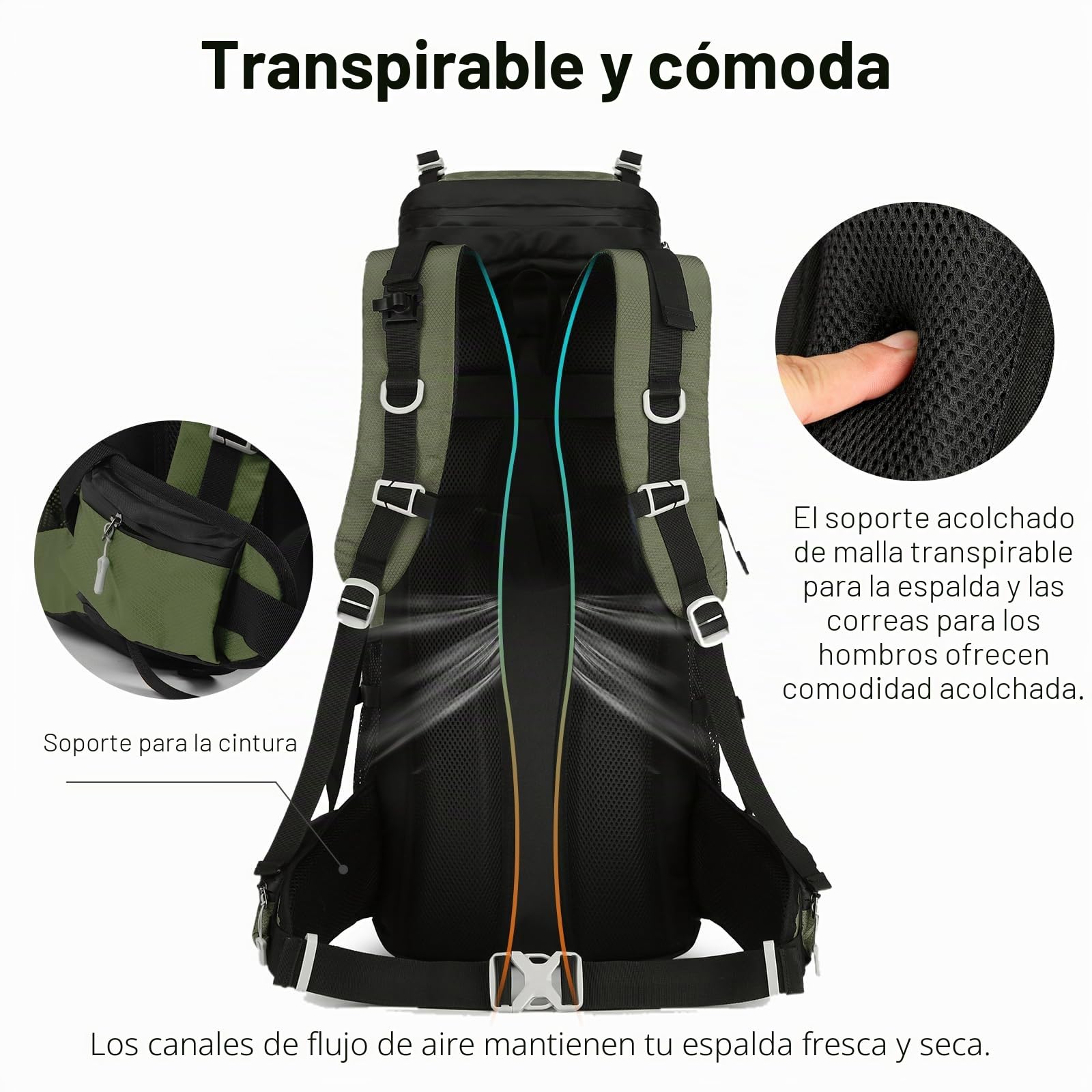 Mochila de Senderismo 60L Impermeable con Cubierta de Lluvia, Mochila de Montaña y Trekking para Hombre Mujer, Verde
