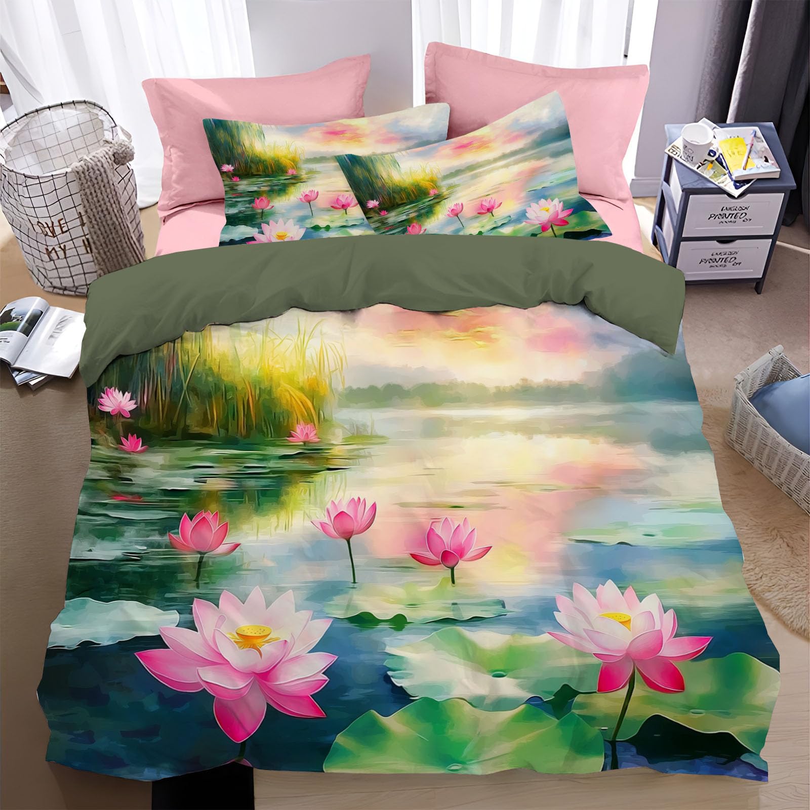 Housse de couette 200x200 lotus noir avec ses 2 taies d'oreiller