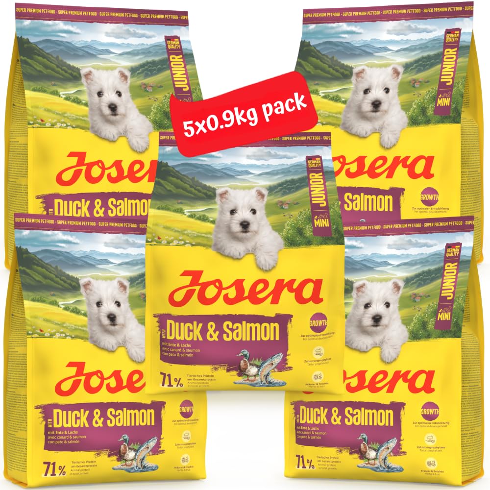 Josera Mini Junior Duck & Salmon | Complete dry food for toy & small breeds | Gluten free | Tartar control | Herbs & fruits | Joint support | 5x0.9kg