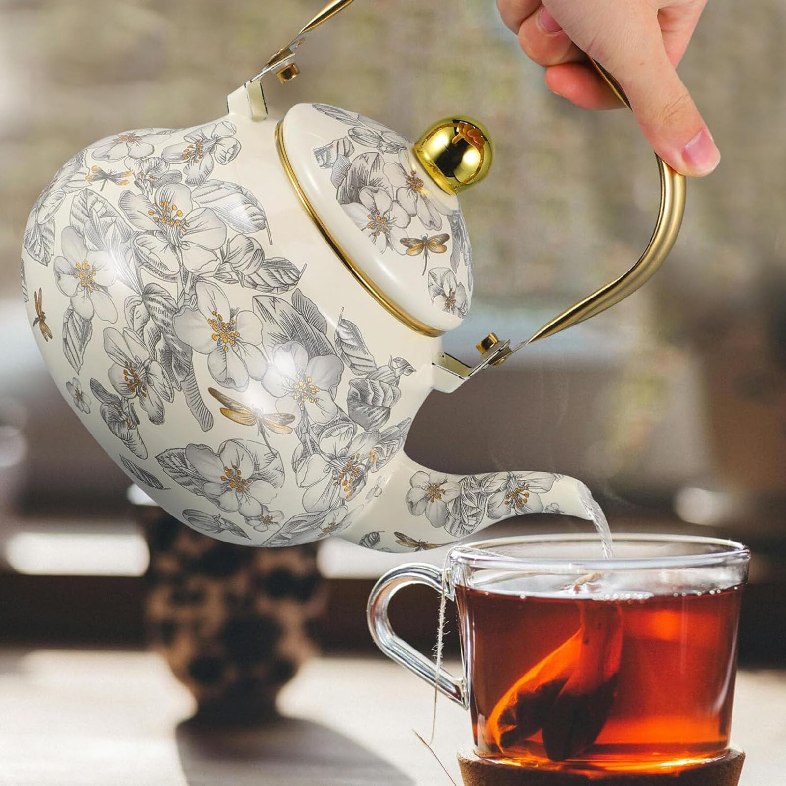 RSBFER Emaillierter Teekessel im Vintage-Stil, Teekanne aus Stahl mit Blumenmuster, Heißwasserkessel für Induktion, Gasherd, Holzofen,1.5L