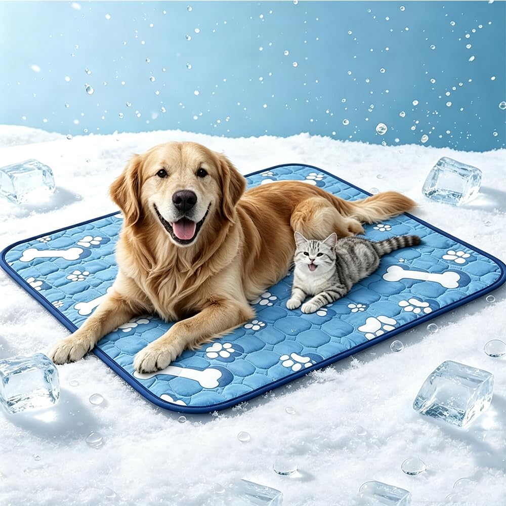Jugrape Dog Cooling Mat Large 100 x 70cm, Ice Silk Self Cooling Pad with Paw Bone Print, Non-Slip Foldable Washable Anti-Scratch Pet Cool Bed for Dogs Cats Indoor Outdoor Car Crate