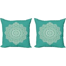 Lunarable Mandala Throw Pillow Cushion Cover Pack of 2, Eastern Microcosm Chart with Floral Center Point Space Yantra Yoga Image Print, Zippered Double-Side Digital Print Decor, 16", Teal Beige