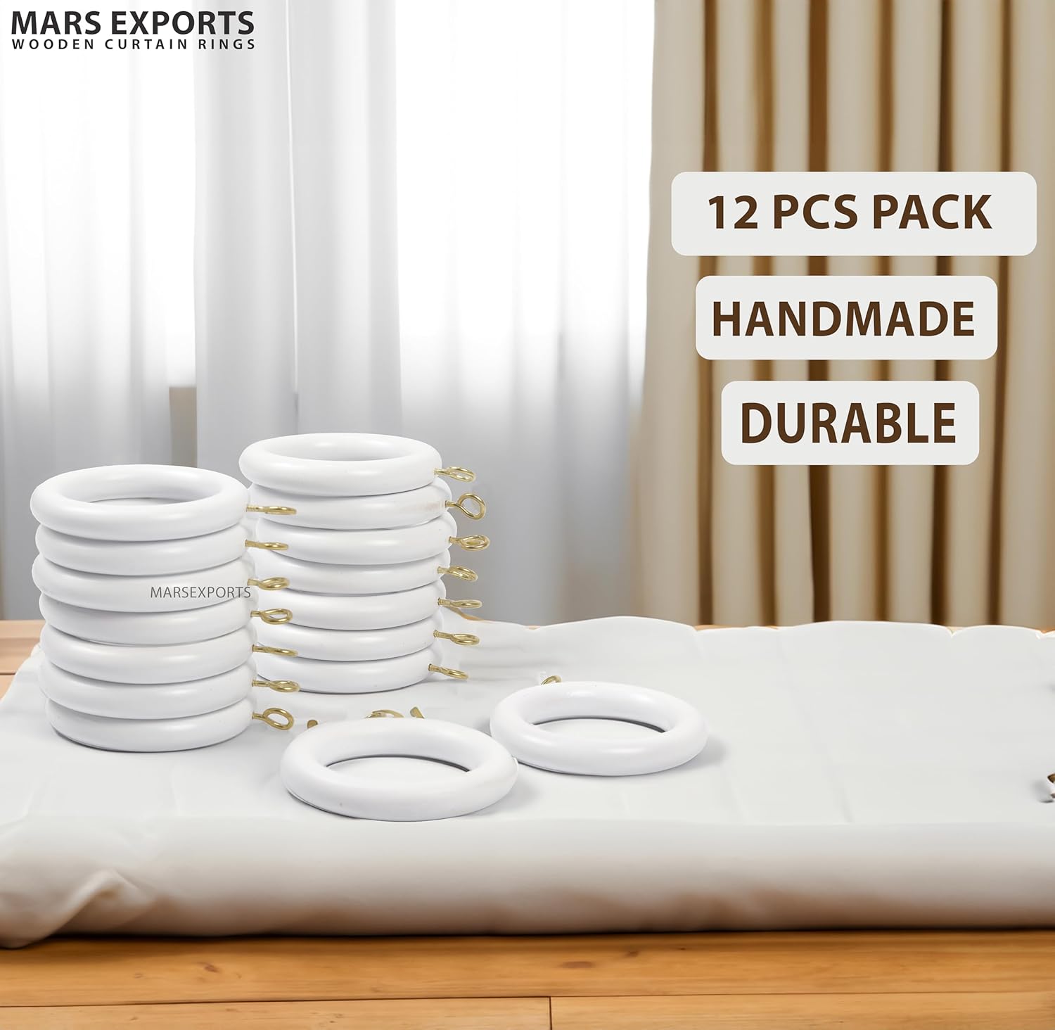 White Wooden Curtain Rod Ring, Wood Curtains Rings, Hooks, and Hangers for Shower Curtains and Drapery, Durable Wooden Ring for Hanging (12, 1.75 INCH Inner Dia.)