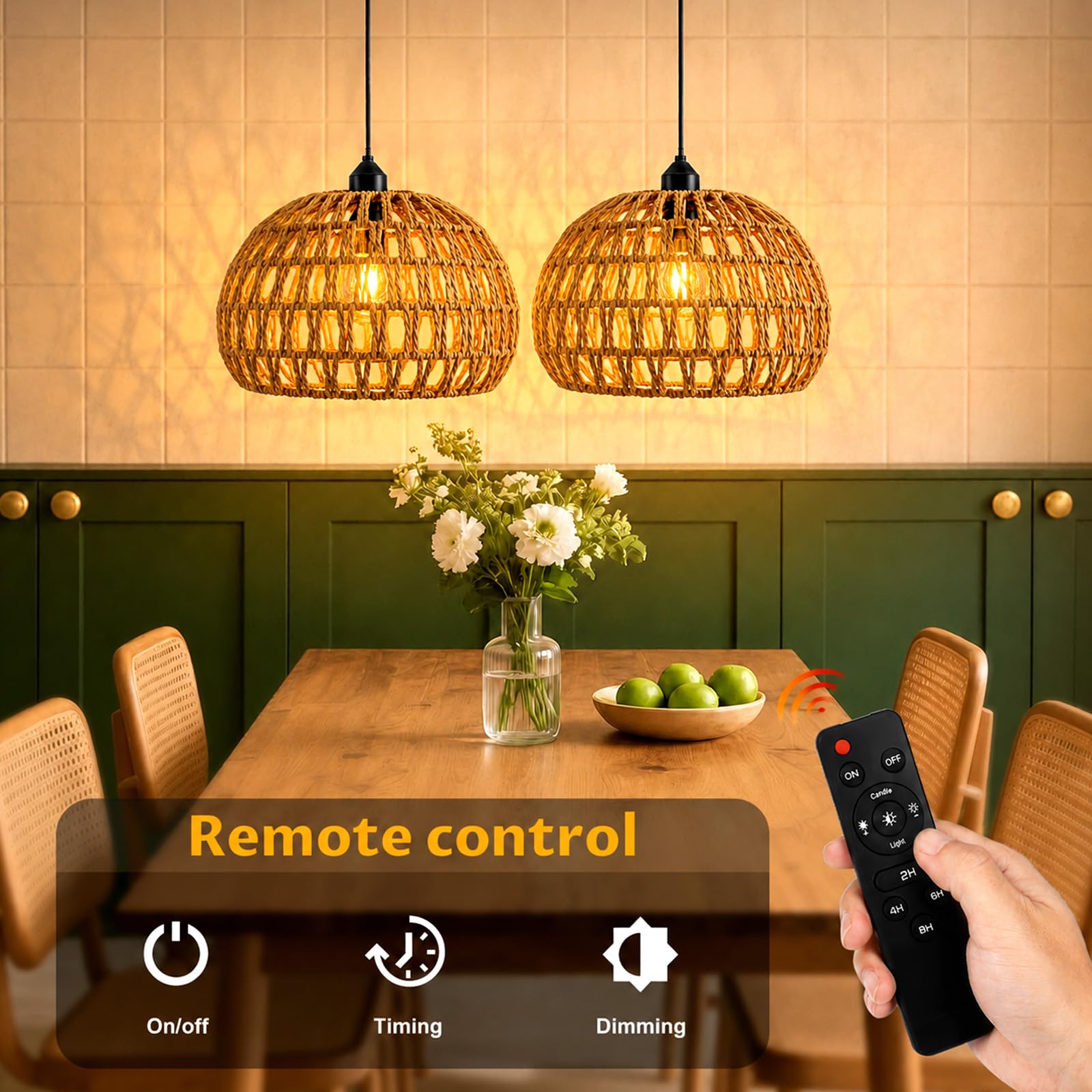 Juego de 2 lámparas colgantes de ratán, lámpara colgante retro E27 con regulador de intensidad, lámpara estilo boho, luz colgante para interiores y exteriores dormitorio, vestíbulo y balcón