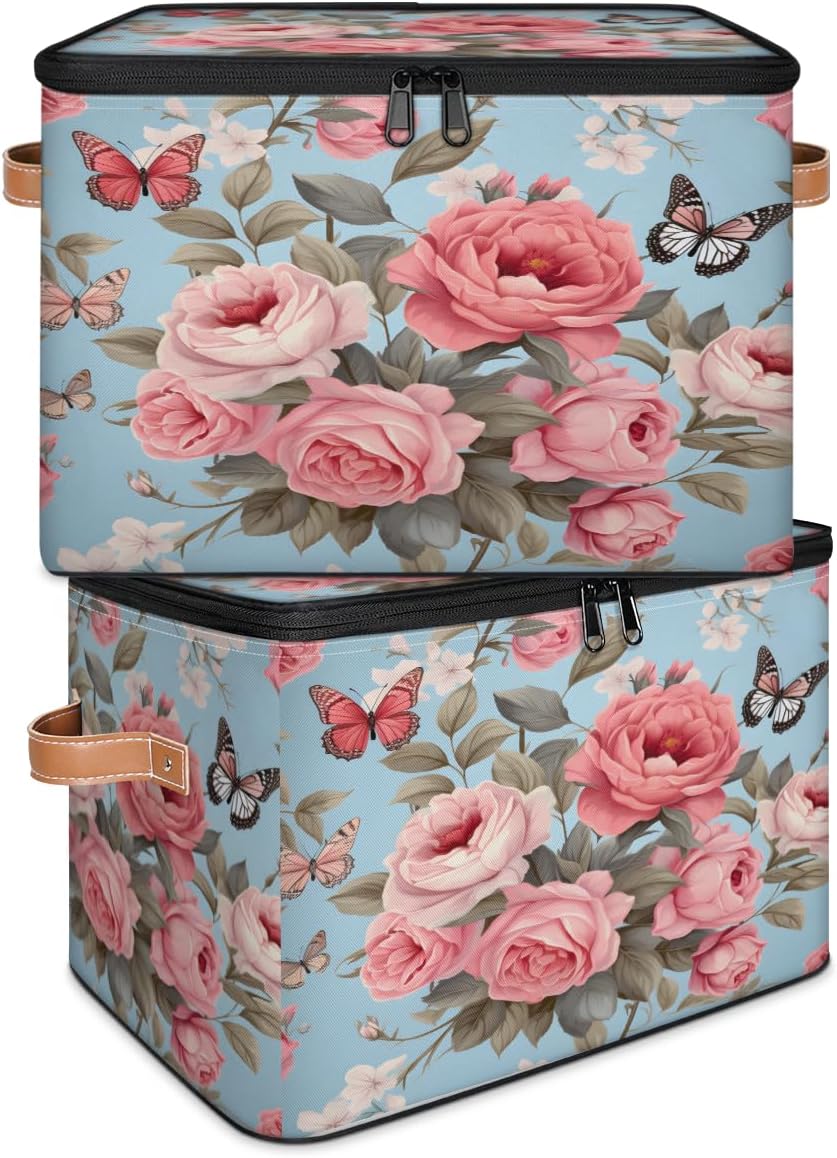 Storage Bin Set of 2 Rose Butterfly Storage Basket with Zipper Lid & Handle Foldable Closet Shelf 2 Pack Cloth Organizer Basket Cube Bins Clothes Organizer for Nursery, Bedroom