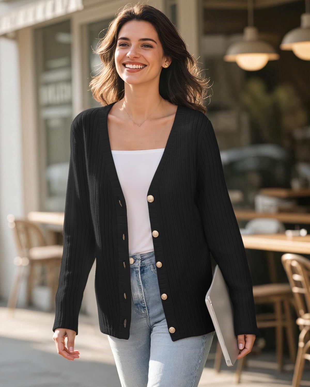 MANGOPOP Women's Lightweight Cardigan V Neck Long Sleeve Cardigan Sweaters Fall Fashion 2025 - Image 3