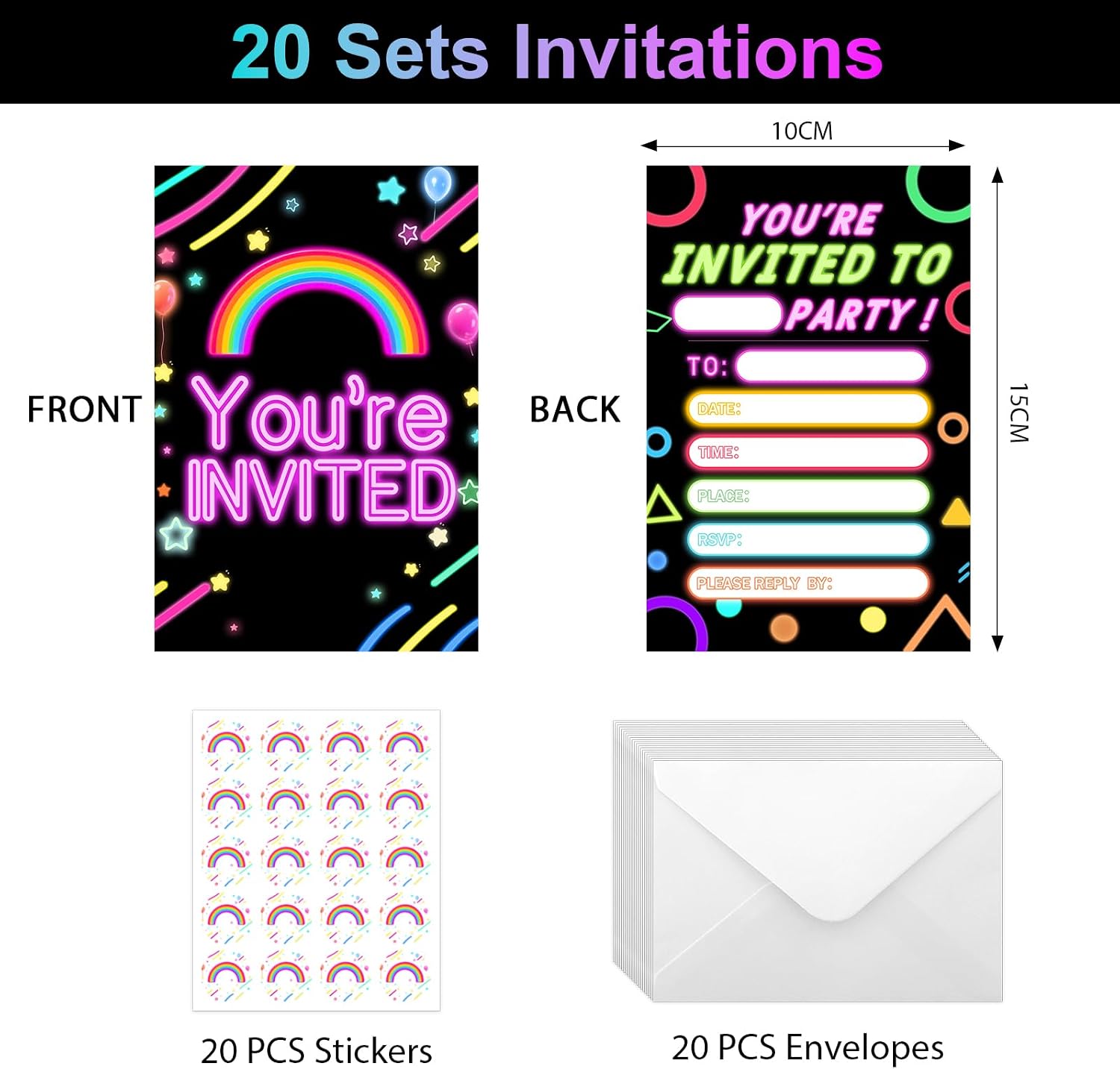 Neon Rainbow Party Invitations 20 Set, Glow in The Dark Vibrant Invite Cards Double Sided Design with Envelopes & Stickers, Neon Theme Birthday Invitation Supplies for Kids Disco Festival Rave Party
