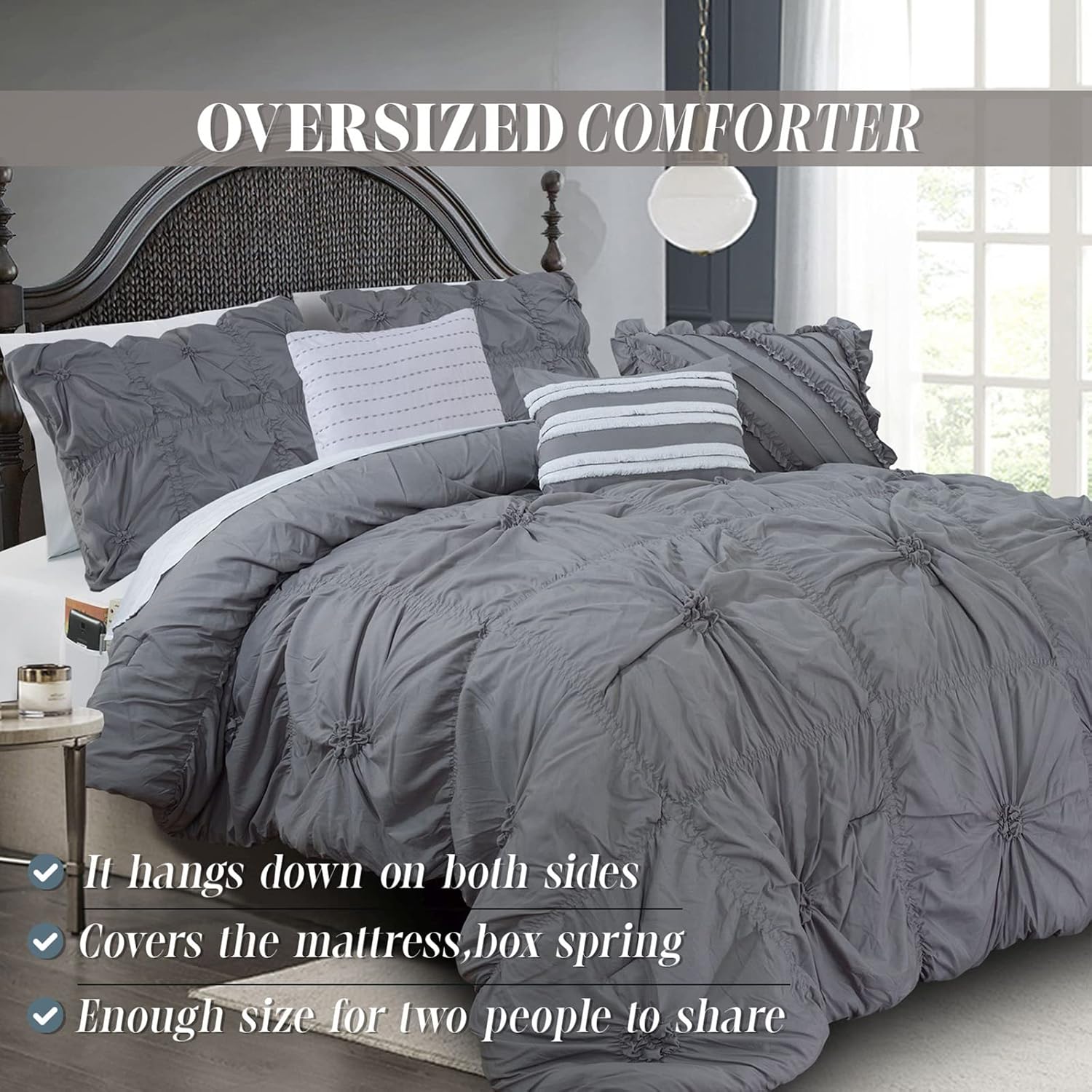 Elegant Comfort Amy 12-Piece Oversized Comforter, Bed-in-a-Bag Including 6-Piece Sheet Set Featuring Smart Pockets and Matching Decorative Pillows, Amy 12PC Oversized Comforter, Full, Gray