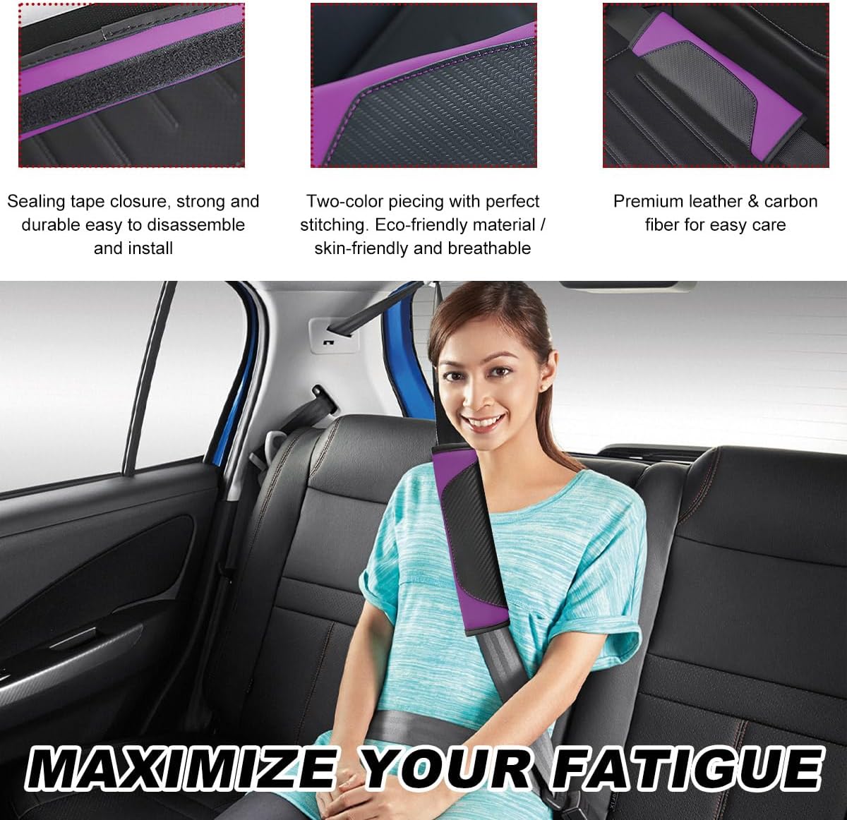 povtii 2 PCS Car Seat Belt Cover, Carbon Fiber Leather Auto Seat Belt Pads Cover, Safety Seatbelt Shoulder Strap Covers Protect Your Neck and Shoulder, Universal Car Accessories (Black+Purple)