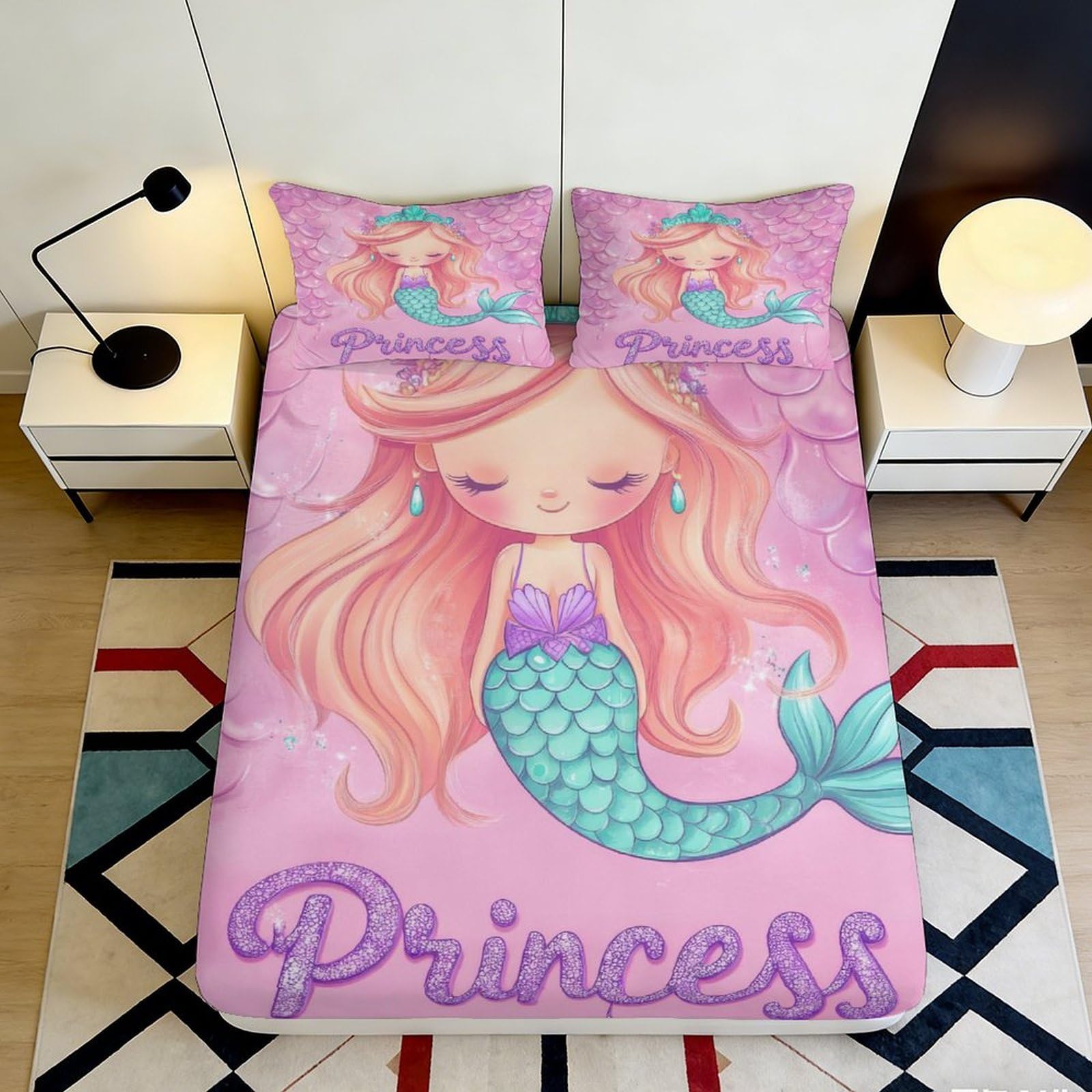 3D Printed Mermaid Princess Fitted Sheet Microfiber Pink Cartoon Bed Cover for Bedroom Guest Room Dorm Mattress Decor 90x200x25cm