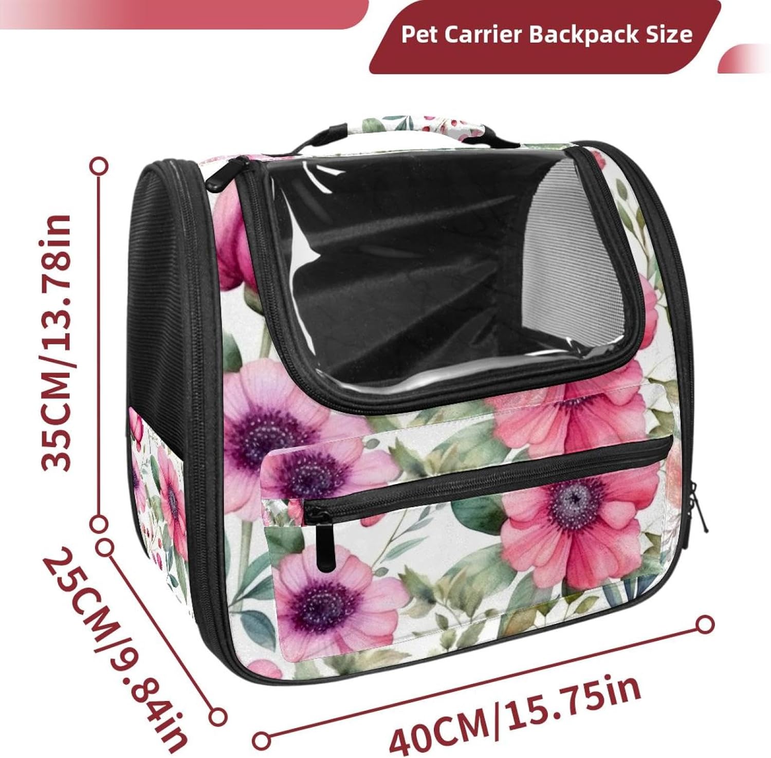Portable Travel pet Backpack Carrier Hamster Bag Small Dog cat Carrier Breathable Hang Bag, Pink Flowers with Leaves
